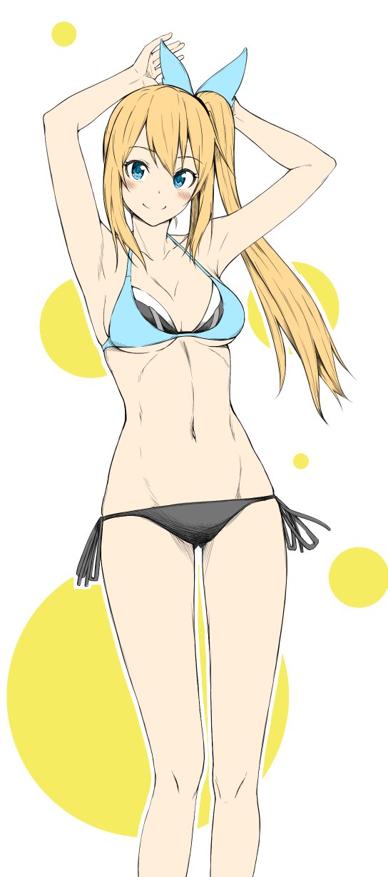 1girl adapted_costume armpits arms_up bangs bare_arms bare_legs bikini black_bikini_bottom black_ribbon blonde_hair blue_bikini_top blue_eyes blue_ribbon breasts closed_mouth collarbone eyebrows_visible_through_hair feet_out_of_frame gluteal_fold hair_ribbon highres long_hair looking_at_viewer medium_breasts mirai_akari mirai_akari_project mismatched_bikini navel ribbon side-tie_bikini side_ponytail smile solo standing stomach swimsuit tsuhiki_koyomi two-tone_background under_boob