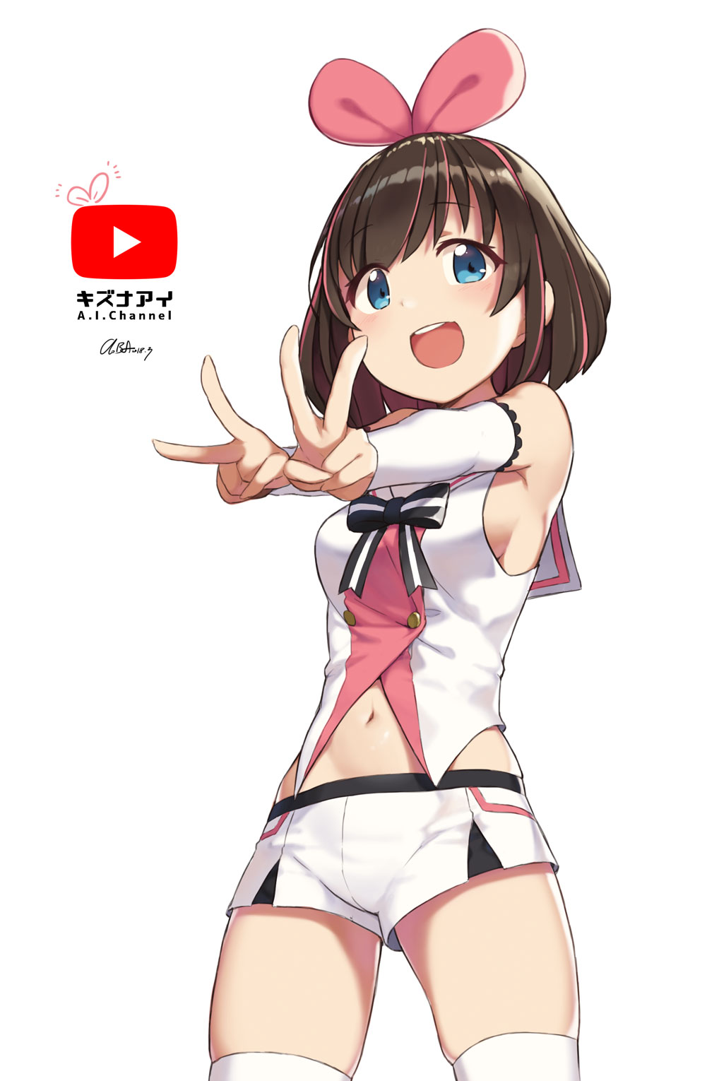 1girl :d a.i._channel bare_shoulders black_ribbon blue_eyes blush breasts brown_hair cloba copyright_name cowboy_shot detached_sleeves double_v eyebrows_visible_through_hair from_below hair_ribbon highres kizuna_ai legs_together long_sleeves looking_at_viewer looking_down medium_breasts multicolored_hair navel open_mouth outstretched_arms pink_hair pink_ribbon ribbon round_teeth shiny shiny_hair shirt short_hair short_shorts shorts sideboob signature simple_background skindentation smile solo standing stomach tareme teeth thigh-highs thighs two-tone_hair v white_background white_legwear white_shirt white_shorts youtube