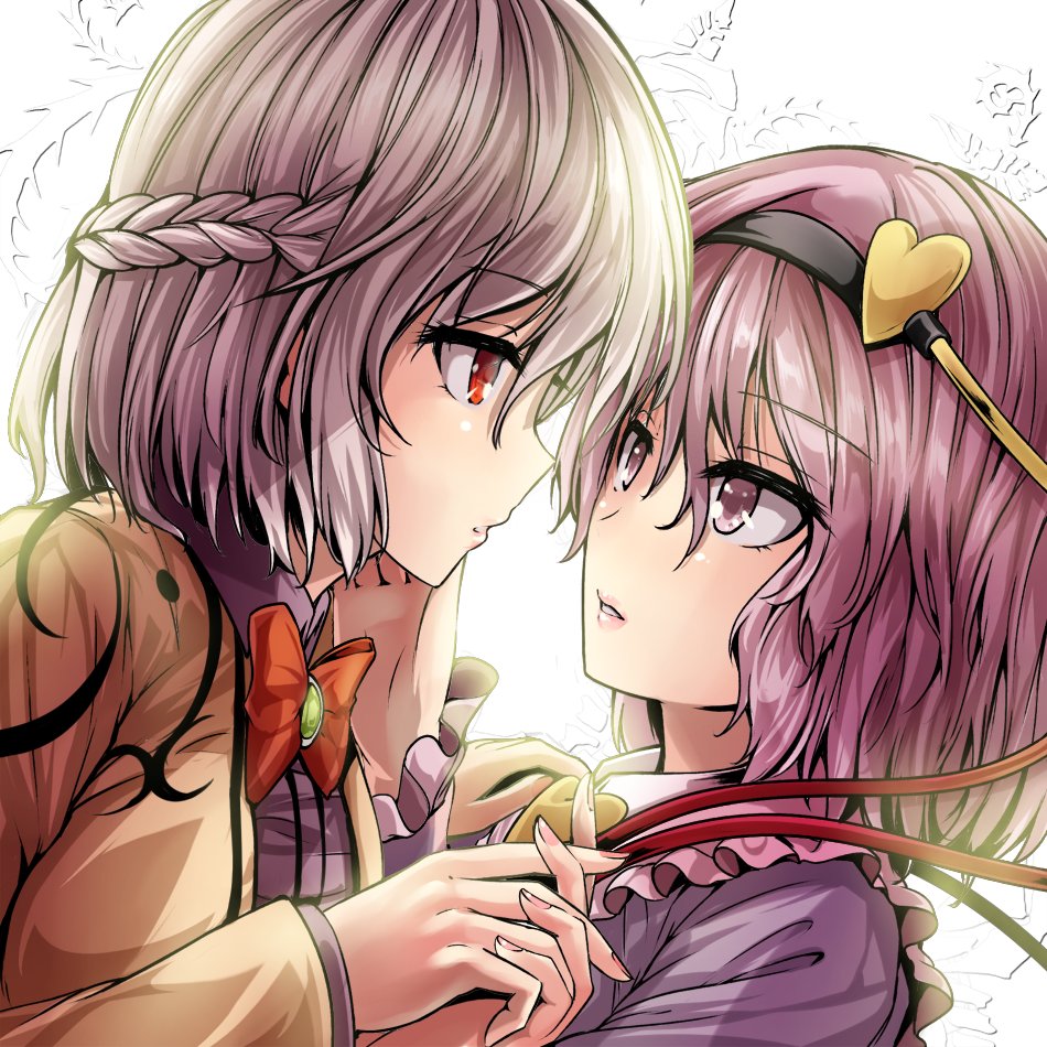 2girls bow bowtie braid brown_jacket face-to-face frilled_sleeves frills from_side hairband hand_holding hand_on_another's_cheek hand_on_another's_face heart interlocked_fingers jacket kishin_sagume komeiji_satori light long_sleeves looking_at_another medium_hair multiple_girls open_clothes open_jacket pink_eyes pink_hair red_eyes red_neckwear silver_hair touhou upper_body y2 yuri