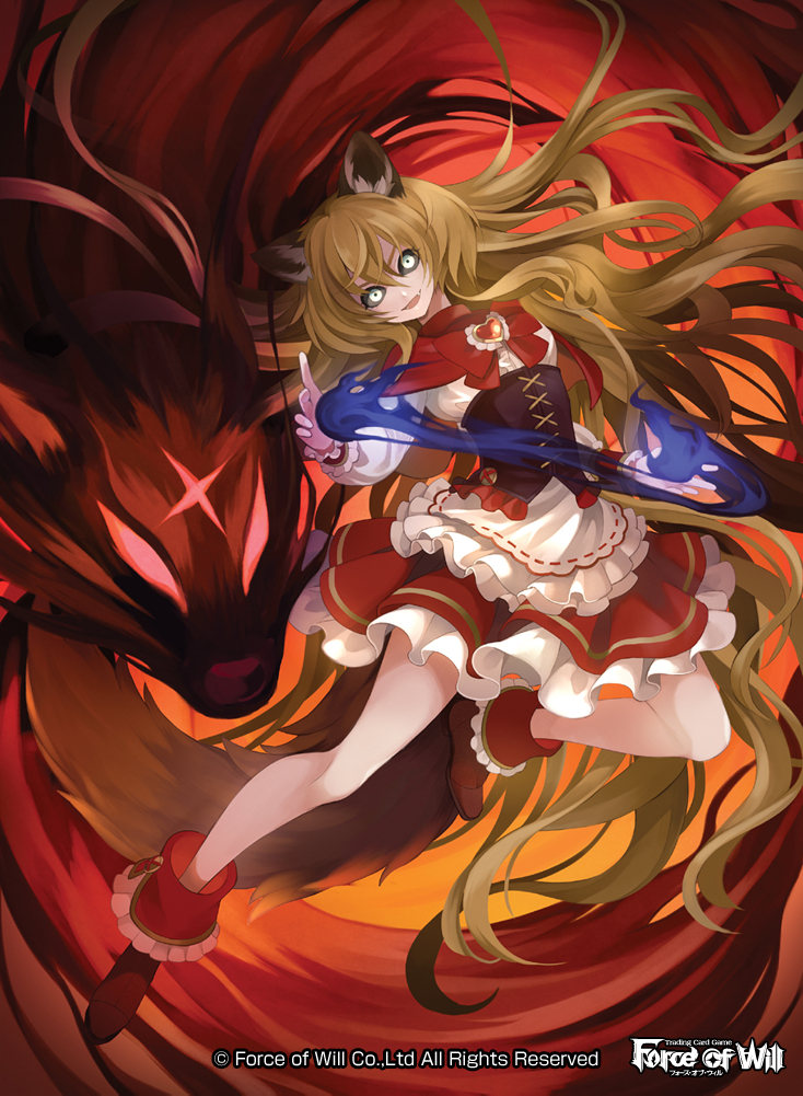 1girl animal_ears apron black_sclera blonde_hair boots bow bowtie company_name fangs fire force_of_will green_eyes long_hair nyarlathotep_(force_of_will) official_art open_mouth solo wolf_ears yuko_(uc_yuk)