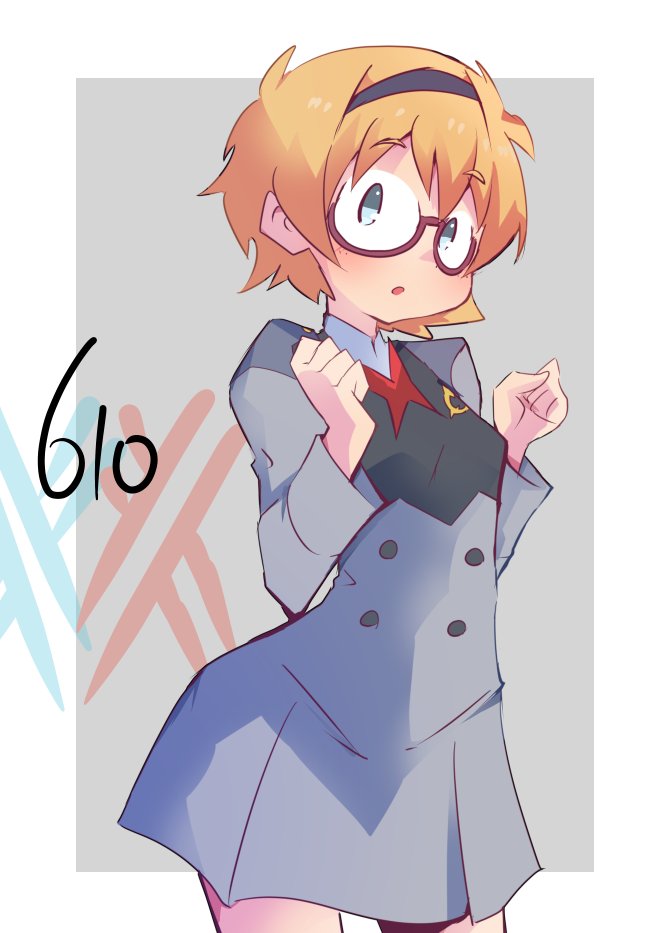 1girl alternate_costume blonde_hair blush commentary_request cosplay cowboy_shot darling_in_the_franxx glasses hairband hys-d little_witch_academia looking_at_viewer lotte_jansson short_hair solo