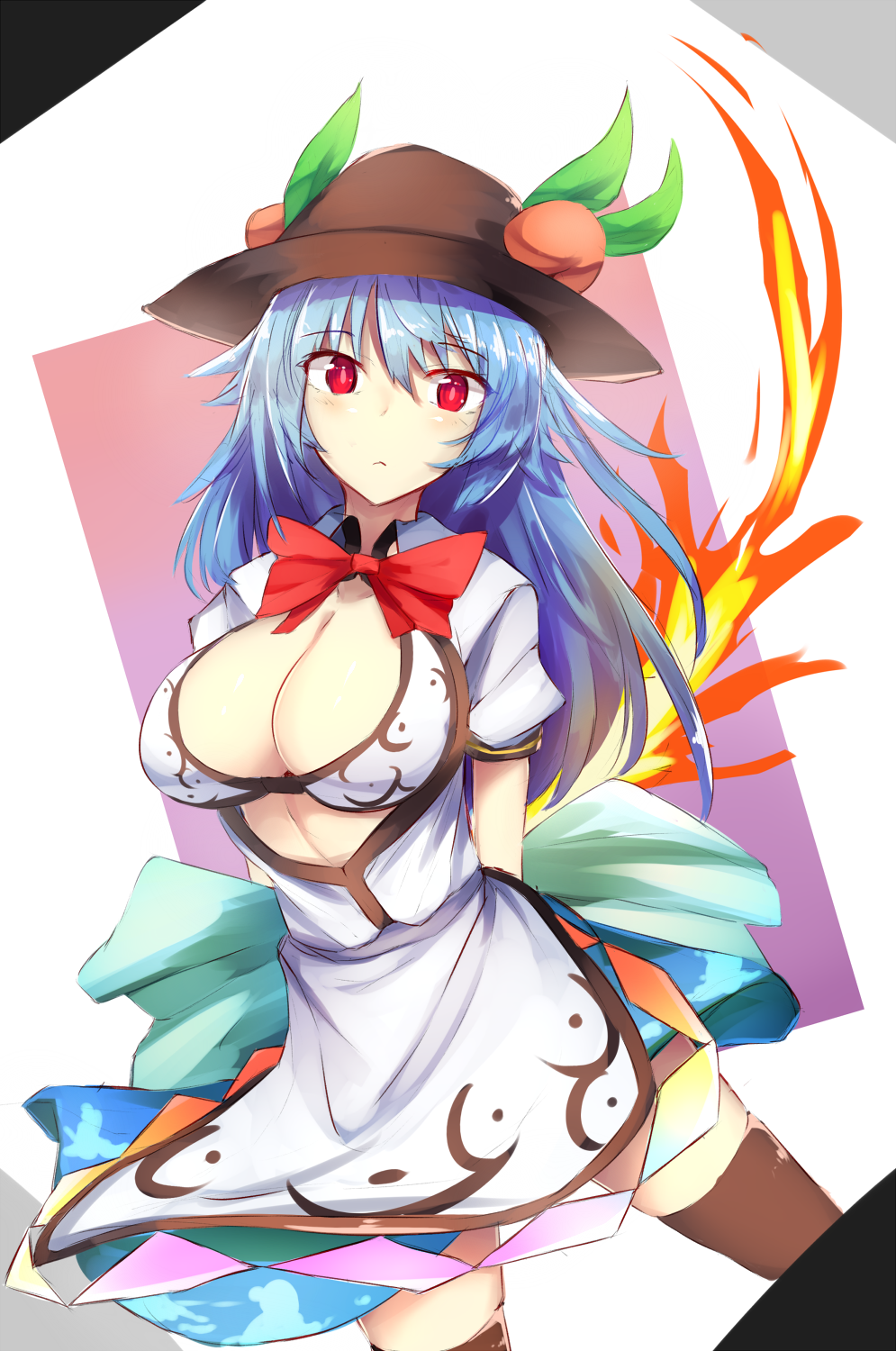 1girl :&lt; arms_behind_back bangs black_hat black_legwear blue_eyes blue_skirt bow bowtie bra breasts cleavage eyebrows_visible_through_hair food fruit hat highres hinanawi_tenshi large_breasts long_hair looking_at_viewer peach puffy_short_sleeves puffy_sleeves red_eyes red_neckwear shirt short_sleeves skirt solo standing sword_of_hisou thigh-highs touhou uchisukui underwear white_background white_bra white_shirt