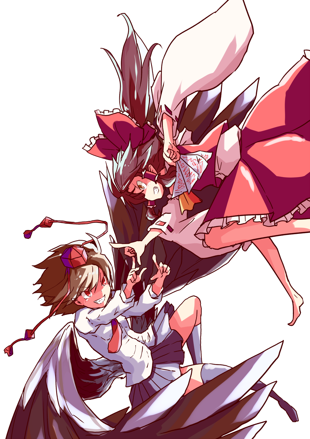 2girls angry ascot barefoot battle blouse bow brown_eyes clenched_hand clenched_teeth commentary detached_sleeves finger_frame flying grin hair_bow hair_tubes hakurei_reimu hat highres juliet_sleeves long_hair long_sleeves low_wings miniskirt multiple_girls necktie ofuda pointing puffy_sleeves red_eyes shameimaru_aya short_hair single_thighhigh skirt skirt_set smile socks sokutenkun teeth thigh-highs tokin_hat touhou undershirt wide_sleeves wings yellow_neckwear