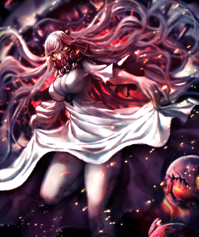 1girl asahida breasts commentary_request covered_mouth dress horns kantai_collection large_breasts long_hair looking_at_viewer midway_hime pale_skin shinkaisei-kan solo thighs very_long_hair white_dress white_hair