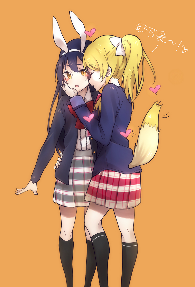 2girls animal_ears ayase_eli blonde_hair blue_hair blush closed_eyes eyebrows_visible_through_hair feet_out_of_frame fox_tail futonchan hair_between_eyes hand_on_another's_face hand_on_another's_hip heart long_hair love_live! love_live!_school_idol_project multiple_girls pleated_skirt ponytail rabbit_ears school_uniform simple_background skirt sonoda_umi standing tail yellow_eyes yuri