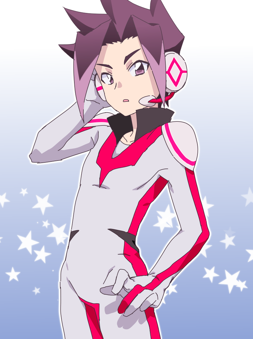 1boy bodysuit cowboy_shot gradient gradient_background grey_background headset himiko_(asobukisetsu) looking_at_viewer male_focus multicolored_hair oga_akita pilot_suit purple_hair shinkansen_henkei_robo_shinkalion skin_tight solo spiky_hair star starry_background two-tone_hair violet_eyes