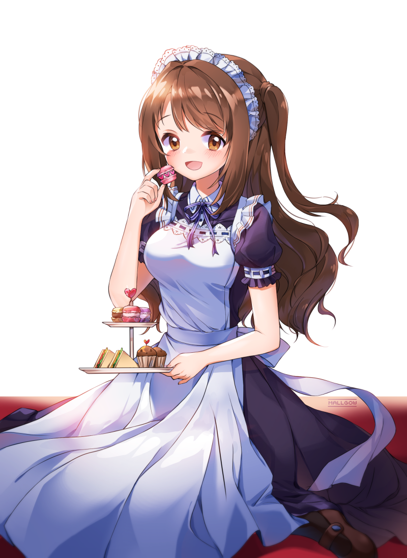 1girl :d alternate_costume apron bangs black_dress black_legwear blush bonim breasts brown_eyes brown_footwear brown_hair cupcake dress enmaided eyebrows_visible_through_hair food frilled_sleeves frills heart holding holding_food idolmaster idolmaster_cinderella_girls idolmaster_cinderella_girls_starlight_stage long_hair looking_at_viewer macaron maid maid_headdress mary_janes medium_breasts neck_ribbon one_side_up open_mouth puffy_short_sleeves puffy_sleeves purple_neckwear purple_ribbon ribbon ribbon-trimmed_sleeves ribbon_trim sandwich shimamura_uzuki shiny shiny_hair shoes short_sleeves simple_background sitting smile solo swept_bangs very_long_hair white_apron white_background wing_collar