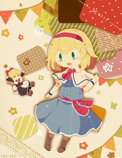 1girl :d alice_margatroid apron ascot black_dress blonde_hair blue_dress blue_eyes boots bow bowtie cross-laced_footwear dress fabric flower hairband hand_up moyo_(amaniwa) open_mouth red_hairband red_neckwear red_sash sash shanghai_doll short_hair smile solo star touhou