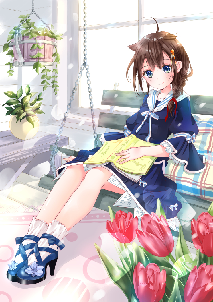 1girl ahoge arm_ribbon bangs bench blue_dress blue_eyes blue_footwear blue_ribbon blush book braid brown_hair chains closed_mouth commentary_request day dress flower full_body hair_flaps hair_ornament hair_over_shoulder hair_ribbon hairpin high_heels indoors ishida_mia kantai_collection legs_together long_hair looking_at_viewer open_book pillow plant potted_plant red_ribbon remodel_(kantai_collection) ribbon sailor_collar sailor_dress shigure_(kantai_collection) short_sleeves single_braid sitting smile socks solo sunlight tareme tulip vase white_legwear white_sailor_collar window