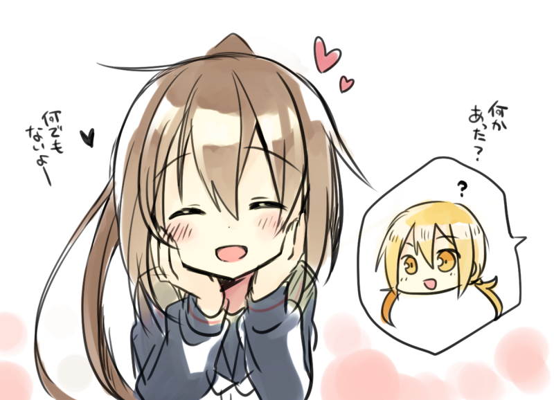 2girls :d ? blonde_hair blush brown_hair closed_eyes fumizuki_(kantai_collection) hands_on_own_cheeks hands_on_own_face heart kantai_collection long_hair low_twintails multiple_girls nagasioo open_mouth ponytail satsuki_(kantai_collection) simple_background smile spoken_character translation_request twintails white_background yellow_eyes