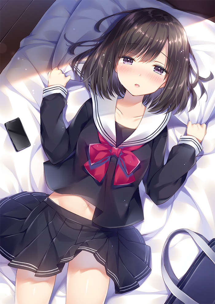 1girl :o bag bangs bed bed_sheet black_serafuku black_shirt black_skirt blush bow brown_hair cellphone collarbone cowboy_shot day eyebrows_visible_through_hair from_above half-closed_eyes long_sleeves looking_at_viewer lying navel noda_shuha nose_blush on_back open_mouth original phone pillow pillow_grab pink_bow pleated_skirt sailor_collar school_bag school_uniform serafuku shiny shiny_hair shirt short_hair skirt smartphone solo sunlight swimsuit violet_eyes w_arms white_sailor_collar