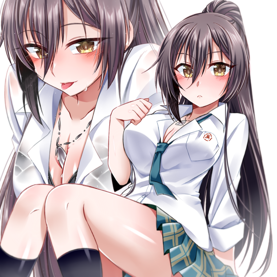 1girl between_breasts black_hair blush breasts cleavage hago hair_between_eyes idolmaster idolmaster_shiny_colors jewelry kneehighs large_breasts long_hair looking_at_viewer multiple_views necklace pleated_skirt ponytail school_uniform shirase_sakuya sitting skirt tongue tongue_out very_long_hair yellow_eyes