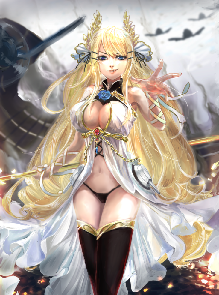 1girl aircraft armpits azur_lane bare_shoulders black_legwear black_panties blonde_hair blue_eyes blue_flower blue_rose breasts burning chains cleavage commentary_request cowboy_shot dress eyebrows_visible_through_hair eyelashes flight_deck floating_hair flower flower_ornament hair_ornament holding holding_staff jewelry large_breasts laurel_crown long_hair looking_at_viewer midriff navel outstretched_arm panties reflection ribbon rigging rose shimobe sleeveless sleeveless_dress smirk smoke solo staff standing thigh-highs turret underwear veil very_long_hair victorious_(azur_lane) water white_dress wrist_ribbon