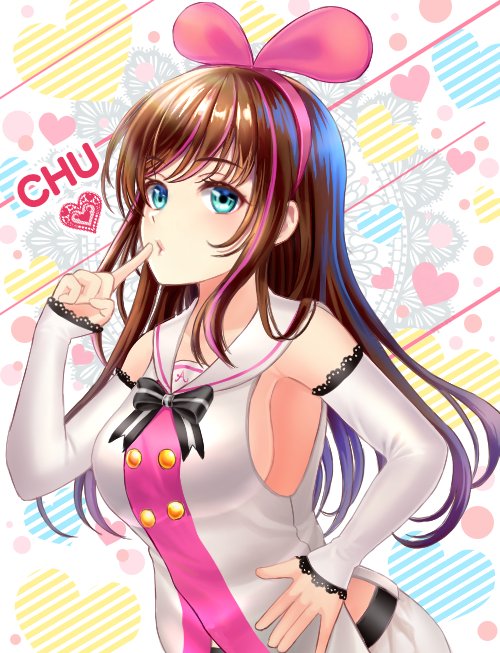 1girl a.i._channel bare_shoulders bent_elbows black_bow black_neckwear blue_eyes bow bowtie breasts brown_hair buttons collared_shirt commentary_request cowboy_shot detached_sleeves ear eyebrows_visible_through_hair finger_to_mouth hairband hand_on_hip heart heart_background kiss kizuna_ai long_hair medium_breasts midriff no_bra pink_hairband sailor_collar shirt sideboob sleeves_past_wrists solo uemura_shun virtual_youtuber white_sailor_collar white_shirt