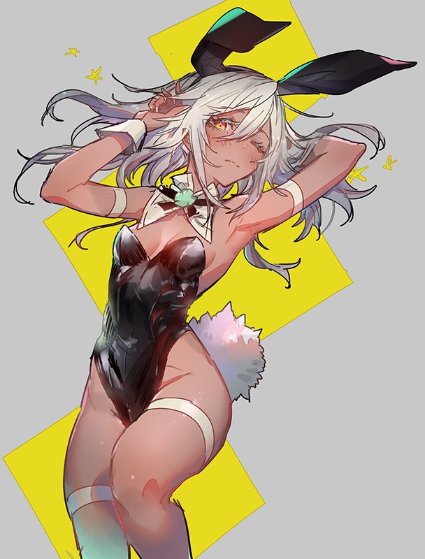 1girl animal_ears bunny_girl bunny_tail bunnysuit cape clover dark_skin detached_collar embarrassed fake_animal_ears fishnet_pantyhose fishnets guilty_gear guilty_gear_xrd leotard looking_at_viewer orange_eyes oro_(sumakaita) pantyhose rabbit_ears ramlethal_valentine simple_background solo tail white_hair wrist_cuffs