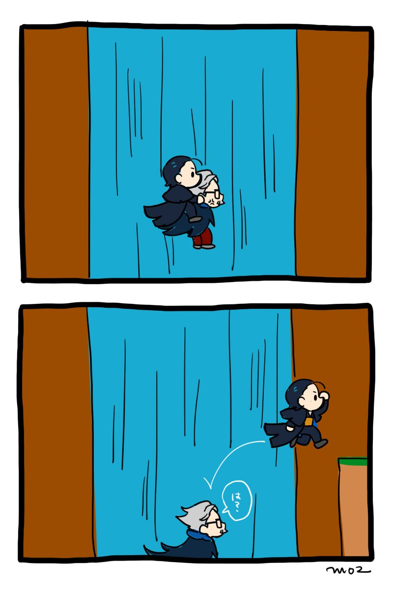 2boys 2koma anger_vein black_hair cape carrying chibi comic directional_arrow facial_hair falling fate/grand_order fate_(series) hair_slicked_back highres james_moriarty_(fate/grand_order) jumping super_mario_bros. mo(zu)co multiple_boys mustache parody piggyback sherlock_holmes_(fate/grand_order) super_mario_world water waterfall