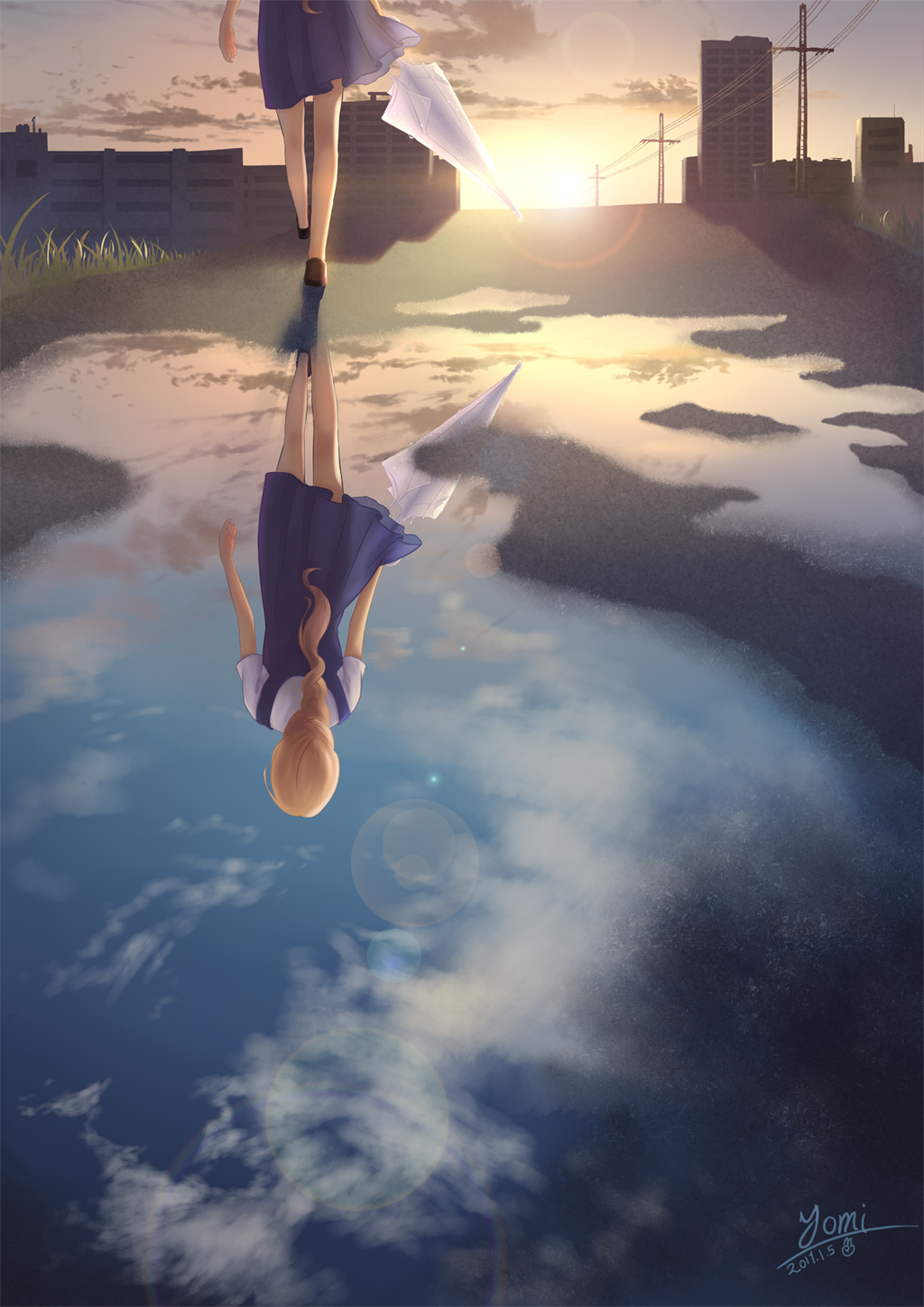 1girl blue_dress brown_footwear building dated dress facing_away grass highres lens_flare original outdoors ponytail power_lines puddle reflection road shoes sunrise umbrella youzixiaoming