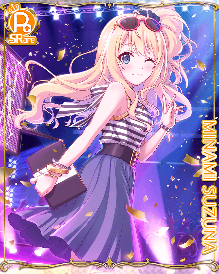 1girl bag bare_shoulders blonde_hair blue_eyes bracelet card_(medium) cygames eyewear_on_head jewelry minami_suzuna official_art princess_connect! scrunchie sunglasses