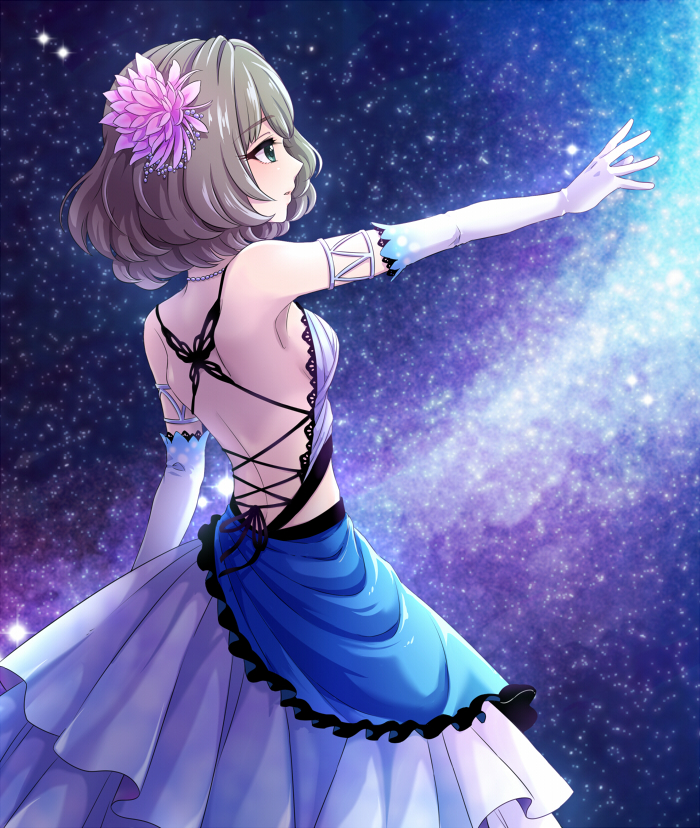 1girl arm_at_side arm_up armlet armpits backless_outfit bangs bare_back bare_shoulders blush breasts circuit58 dress elbow_gloves eyebrows_visible_through_hair flower frills from_side gloves green_eyes hair_flower hair_ornament idolmaster idolmaster_cinderella_girls jewelry layered_dress light_particles medium_breasts necklace open-back_dress parted_lips pink_flower profile shiny shiny_hair short_hair shoulder_blades solo sparkle takagaki_kaede white_dress white_gloves