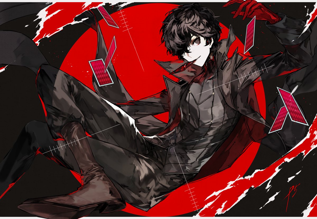 1boy amamiya_ren black_hair gloves male_focus mask mo_(mocopo) pants persona persona_5 plaid plaid_pants red_gloves short_hair simple_background solo