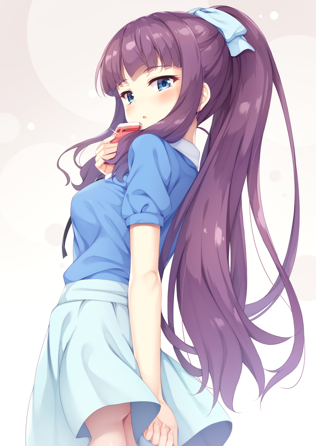 1girl arm_behind_back ass bangs blouse blue_blouse blue_eyes blue_skirt blush camera cellphone commentary_request eyebrows_visible_through_hair from_side glint highres holding holding_phone long_hair looking_at_viewer new_game! parted_lips phone ponytail purple_hair revision short_sleeves sidelocks skirt smartphone solo takimoto_hifumi tomifumi upskirt very_long_hair wavy_hair