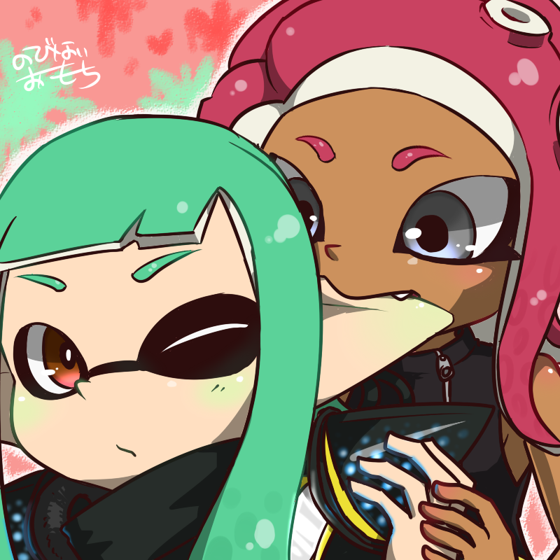 2girls agent_8 biting dark_skin ear_biting fangs green_hair hiyasityuka inkling multiple_girls one_eye_closed pink_hair pointy_ears splatoon splatoon_2 squidbeak_splatoon takozonesu tentacle_hair