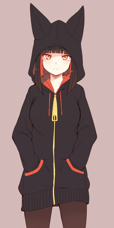 1girl animal_hood bangs black_hair black_hoodie blunt_bangs commentary_request cowboy_shot eyebrows_visible_through_hair hands_in_pockets hood hood_up looking_at_viewer multicolored_hair orange_eyes orange_hair original simple_background sitting smile solo two-tone_hair yagi_(ningen)