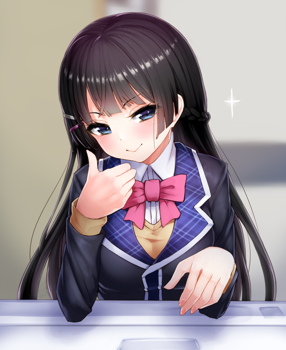 1girl :&gt; black_hair blue_eyes breasts doyouwantto hair_ornament hairclip highres long_hair looking_at_viewer nijisanji school_uniform smile solo tsukino_mito virtual_youtuber washing_machine