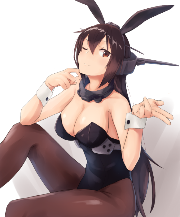 1girl ;) alternate_costume animal_ears bare_shoulders black_leotard blush breasts brown_legwear bunnysuit cleavage collat fake_animal_ears feet_out_of_frame headgear hiiragii_(hiiragi_0404) kantai_collection leotard long_hair looking_at_viewer nagato_(kantai_collection) one_eye_closed pantyhose rabbit_ears shiny shiny_hair sitting smile solo straight_hair strapless strapless_leotard underbust very_long_hair wrist_cuffs