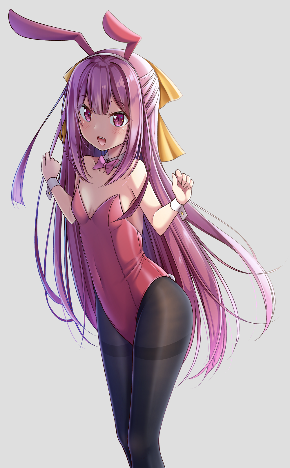 1girl animal_ears black_legwear bow bowtie bunny_tail bunnysuit detached_collar flat_chest grey_background gurande_(g-size) hair_bow highres kamikaze_(kantai_collection) kantai_collection leotard long_hair pantyhose purple_hair rabbit_ears red_leotard red_neckwear simple_background solo strapless strapless_leotard tail thighband_pantyhose violet_eyes wrist_cuffs yellow_bow