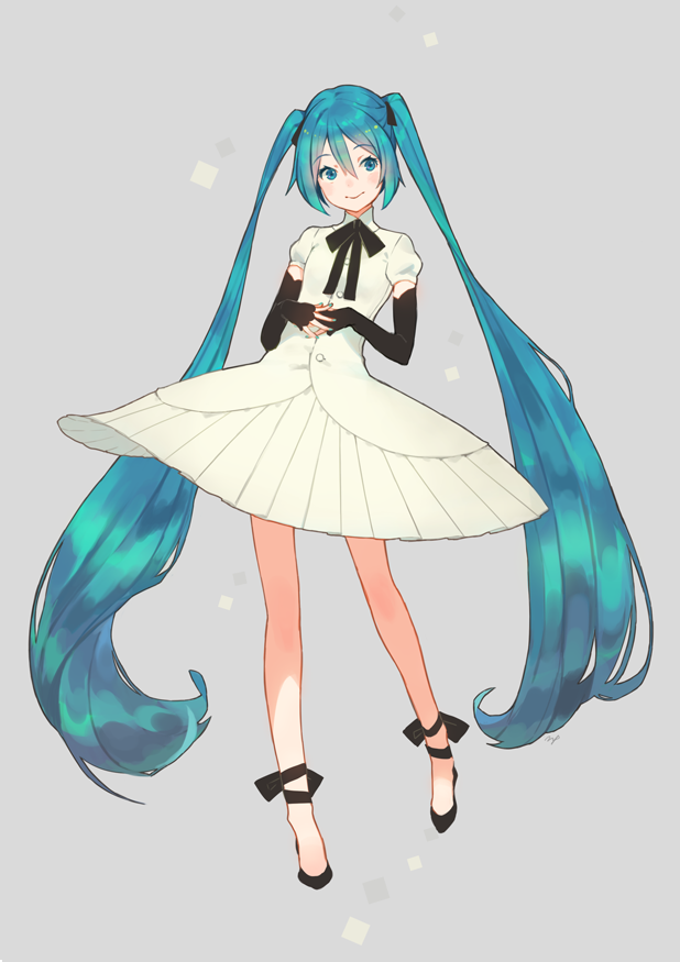 1girl absurdly_long_hair alternate_costume ankle_ribbon aqua_eyes aqua_hair aqua_nails bangs bare_legs black_footwear black_neckwear black_ribbon blue_eyes blush closed_mouth detached_sleeves dress eyebrows_visible_through_hair flats full_body grey_background hair_between_eyes hatsune_miku long_hair maeya_susumu nail_polish neck_ribbon ribbon short_sleeves simple_background smile solo twintails very_long_hair vocaloid white_dress