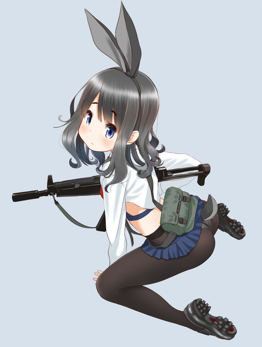 1girl :&lt; animal_ears arm_support ass black_footwear black_hair black_hairband black_legwear blue_eyes blue_skirt closed_mouth crop_top eyebrows_visible_through_hair fake_animal_ears from_side gun hairband highres holding holding_gun holding_weapon kneeling leaning_forward long_hair long_sleeves looking_at_viewer looking_to_the_side microskirt original panties panties_under_pantyhose pantyhose pouch rabbit_ears retsumaru shirt shoes skirt solo tail tareme underwear weapon weapon_request white_shirt