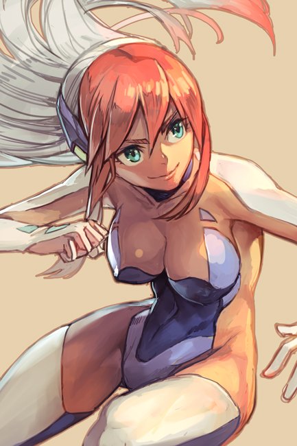 1girl aqua_eyes birdy_cephon_altirra blue_leotard breasts cleavage clenched_hand covered_navel covered_nipples cowboy_shot determined elbow_gloves gloves hairband hankuri leotard long_hair medium_breasts multicolored_hair orange_hair redhead sepia_background simple_background smile solo tetsuwan_birdy tetsuwan_birdy_decode thigh-highs two-tone_hair