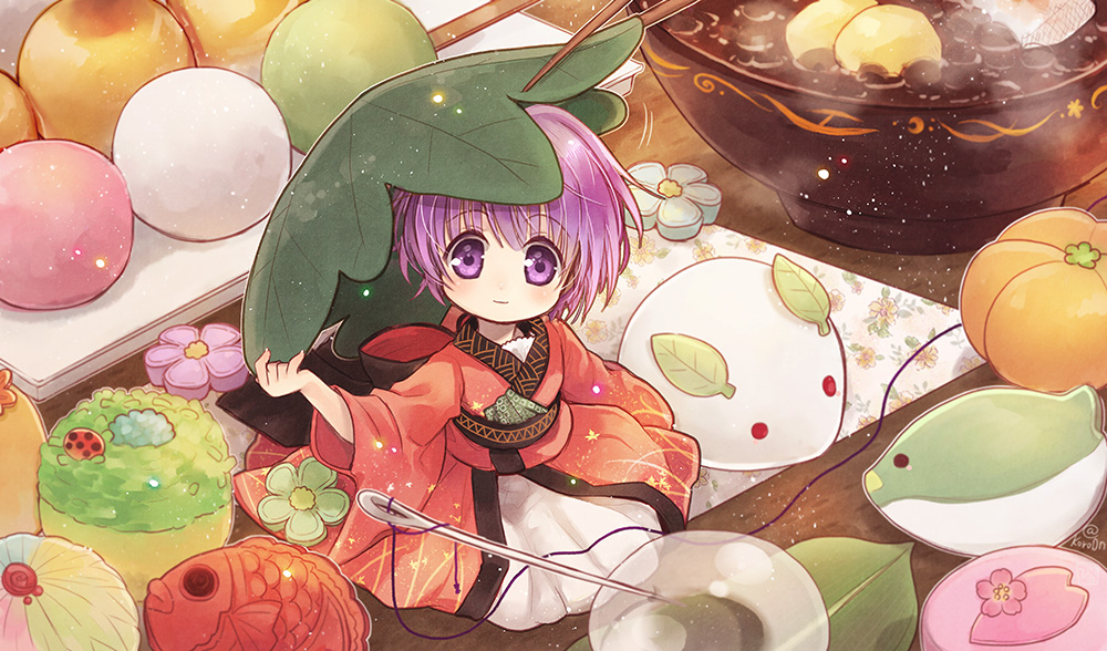 1girl biyon bowl chopsticks closed_mouth commentary_request food japanese_clothes purple_hair short_hair sitting smile solo sukuna_shinmyoumaru tagme touhou violet_eyes