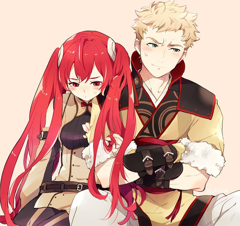 1boy 1girl blonde_hair blush embarrassed eudes_(fire_emblem) fire_emblem fire_emblem_if luna_(fire_emblem_if) odin_(fire_emblem_if) red_eyes redhead selena_(fire_emblem) simple_background sitting twintails