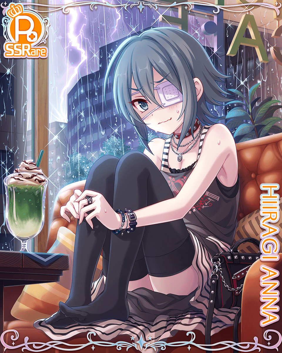 1girl black_hair card_(medium) cygames drink eyepatch fetal_position highres hiiragi_anna lighting official_art princess_connect! scared short_hair sweatdrop tank_top thigh-highs