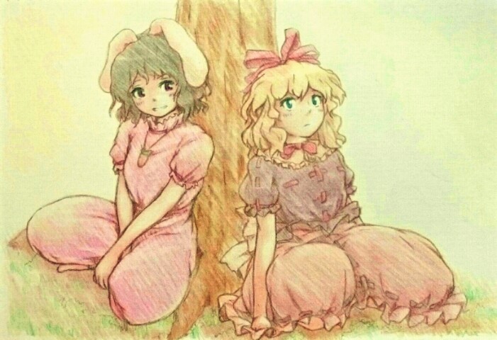 2girls animal_ears arms_at_sides between_legs black_eyes black_hair blonde_hair blouse carrot_necklace colored_pencil_(medium) dress expressionless floppy_ears graphite_(medium) grass green_eyes grin hair_ribbon hand_between_legs head_tilt high_collar inaba_tewi indian_style kakera_(comona_base) looking_at_viewer looking_to_the_side medicine_melancholy multiple_girls outdoors pink_dress puffy_short_sleeves puffy_sleeves purple_blouse rabbit_ears red_neckwear red_skirt ribbon short_hair short_sleeves sitting skirt smile touhou traditional_media tree under_tree