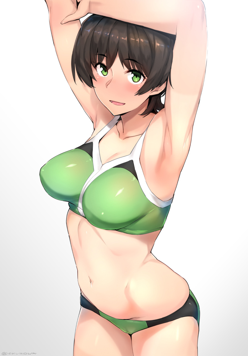 1girl :d armpits arms_up blush bra breasts brown_hair devilman eyebrows_visible_through_hair green_bra green_eyes groin kurowa large_breasts looking_at_viewer makimura_miki navel open_mouth short_hair skindentation smile solo sports_bra twitter_username underwear white_background