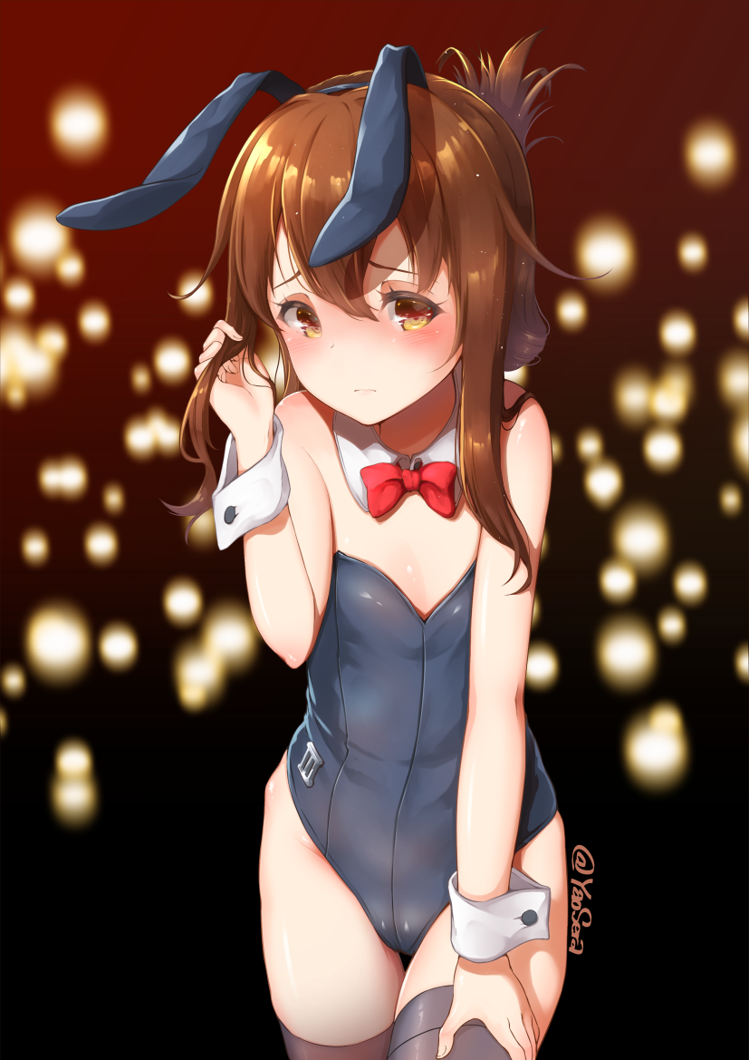 1girl animal_ears bangs bare_shoulders black_legwear black_leotard blush bow bowtie breasts brown_eyes brown_hair bunny_girl bunnysuit closed_mouth commentary_request detached_collar folded_ponytail groin hair_between_eyes highleg highleg_leotard inazuma_(kantai_collection) kantai_collection leotard long_hair looking_at_viewer rabbit_ears red_neckwear revision sidelocks small_breasts solo strapless strapless_leotard thigh-highs thigh_gap twitter_username white_collar wing_collar wrist_cuffs yaosera