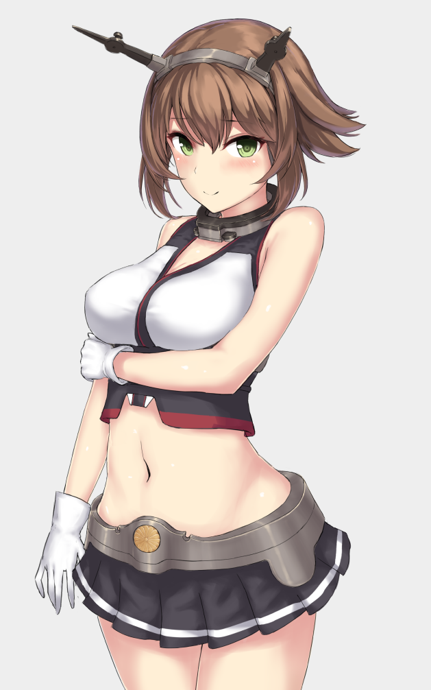 1girl bare_arms black_skirt blush breasts brown_hair cleavage collar flipped_hair gloves gradient gradient_background grey_background hand_on_own_arm headgear kantai_collection large_breasts looking_at_viewer monoku mutsu_(kantai_collection) navel pleated_skirt short_hair simple_background skirt smile solo striped striped_skirt upper_body white_gloves