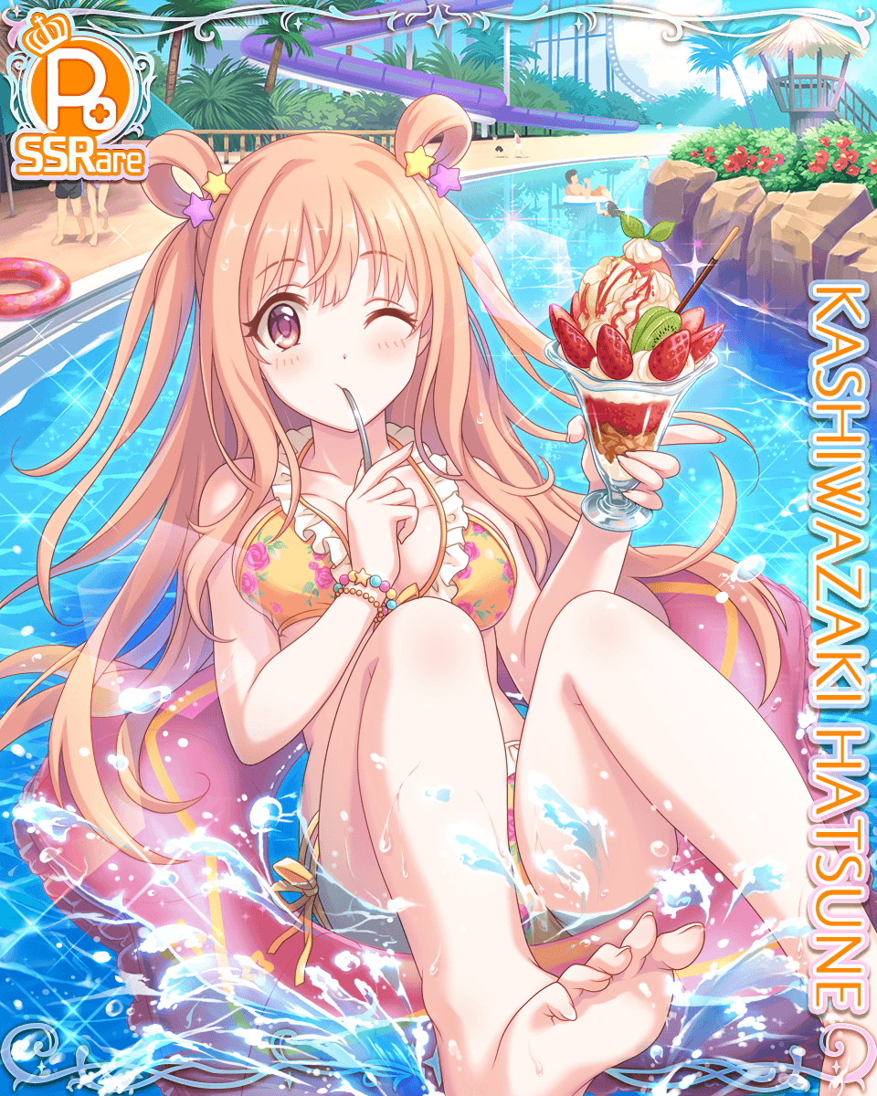 1girl bikini breasts card_(medium) cygames floater hair_ornament highres kashiwazaki_hatsune long_hair official_art one_eye_closed parfait princess_connect! spoon_in_mouth swimsuit waterpark