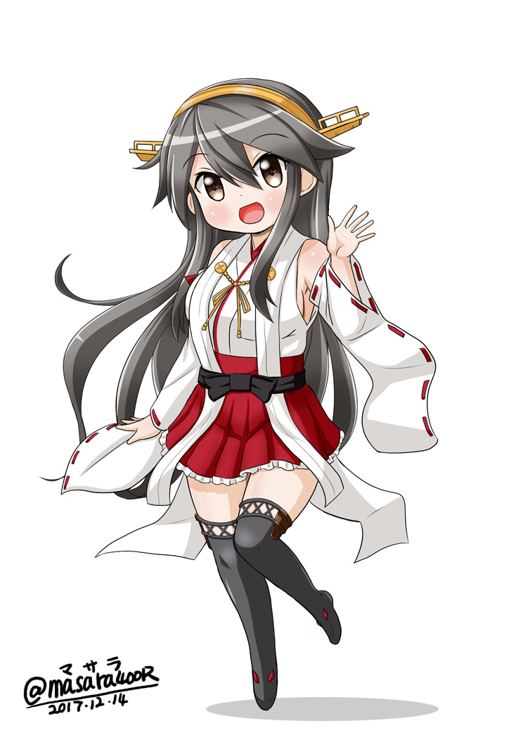 1girl bare_shoulders black_hair black_legwear boots brown_eyes dated detached_sleeves hair_ornament hairband hairclip hakama hakama_skirt haruna_(kantai_collection) headgear japanese_clothes kantai_collection long_hair masara_(masalucky2010) nontraditional_miko open_mouth red_hakama ribbon-trimmed_sleeves ribbon_trim simple_background smile solo thigh-highs thigh_boots twitter_username waving white_background