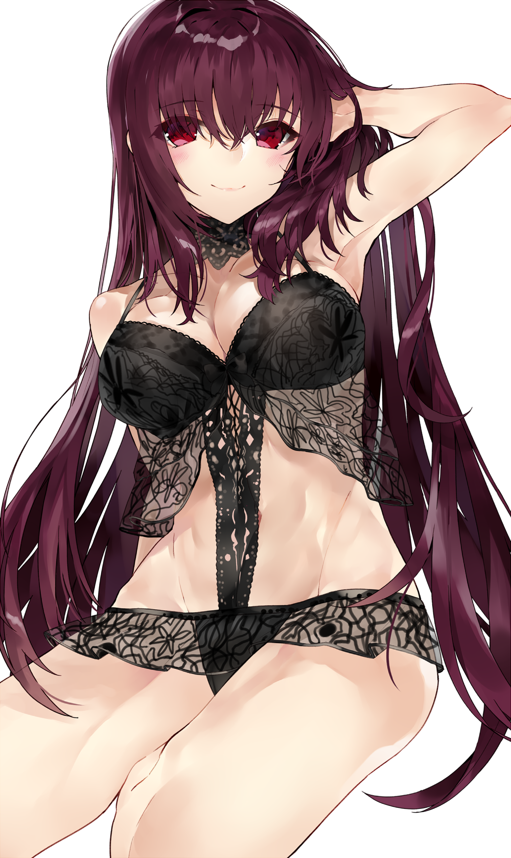 1girl arm_up armpits babydoll black_choker breasts choker cleavage closed_mouth commentary_request covered_navel eyebrows_visible_through_hair fate/grand_order fate_(series) hand_behind_head hand_in_hair highres kou_mashiro large_breasts lingerie long_hair looking_at_viewer navel negligee purple_hair red_eyes scathach_(fate/grand_order) scathach_(swimsuit_assassin)_(fate) see-through shiny shiny_hair simple_background sitting smile solo thighs underwear very_long_hair white_background yokozuwari