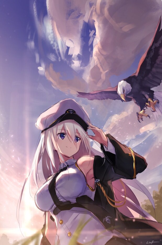 1girl armpits artist_name azur_lane bald_eagle bare_shoulders between_breasts bird black_coat black_neckwear black_skirt breasts buttons clouds collared_shirt eagle enterprise_(azur_lane) floating_hair from_below hat large_breasts liebe looking_at_another military military_uniform necktie necktie_between_breasts outstretched_hand peaked_cap petals shirt signature silver_hair skirt sky sleeveless sleeveless_shirt solo standing sunlight sunrise tree underbust uniform upper_body violet_eyes white_hat white_shirt