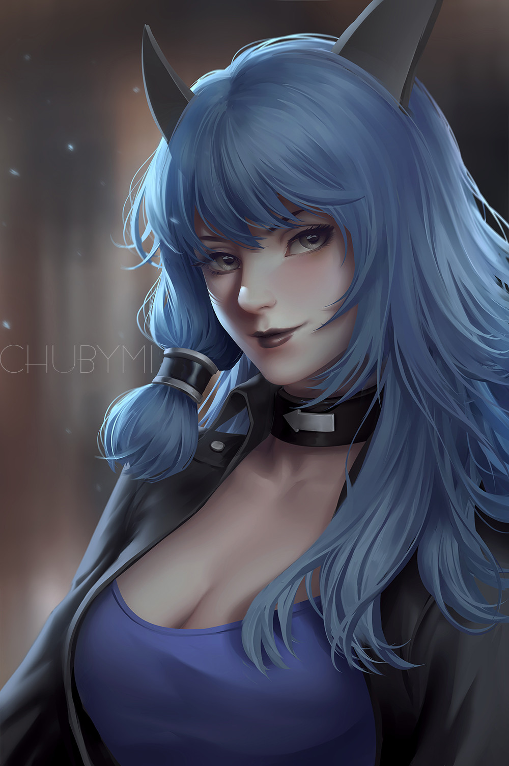 1girl animal_ears artist_name blue_hair blurry blurry_background breasts choker chuby_mi cleavage closed_mouth copyright_request grey_eyes hair_tubes highres jacket large_breasts lips long_hair looking_at_viewer open_clothes open_jacket portrait smile solo upper_body