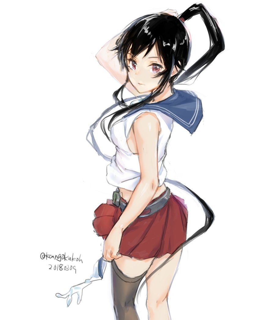 1girl asymmetrical_legwear black_hair blue_sailor_collar cowboy_shot dated from_behind gloves gloves_removed kangoku_kou kantai_collection long_hair looking_at_viewer looking_back pleated_skirt ponytail red_eyes red_skirt sailor_collar school_uniform scrunchie serafuku sidelocks simple_background single_thighhigh skirt solo thigh-highs twitter_username white_background white_gloves yahagi_(kantai_collection)