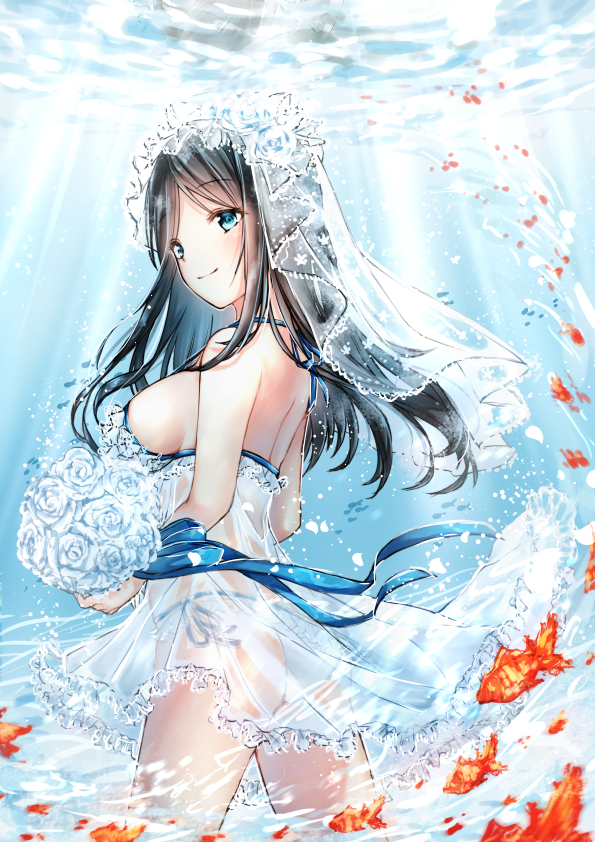 1girl back bikini black_hair blue_eyes bouquet breasts bridal_veil dress eyebrows_visible_through_hair fish flower frilled_dress frills large_breasts long_hair looking_at_viewer looking_back moe2018 original sakana_cho see-through side-tie_bikini sideboob smile solo strap_gap swimsuit underwater veil water wedding_dress white_bikini