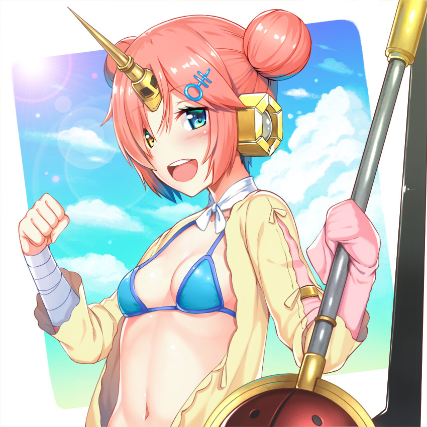 1girl :d benitsuki_tsubasa bikini_top blue_bikini_top blue_eyes breasts clenched_hand commentary_request double_bun fate/apocrypha fate/grand_order fate_(series) frankenstein's_monster_(fate) frankenstein's_monster_(swimsuit_saber)_(fate) hair_ornament hairclip heterochromia horn looking_at_viewer medium_breasts navel open_mouth pink_hair short_hair sleeves_past_wrists smile solo upper_body yellow_eyes
