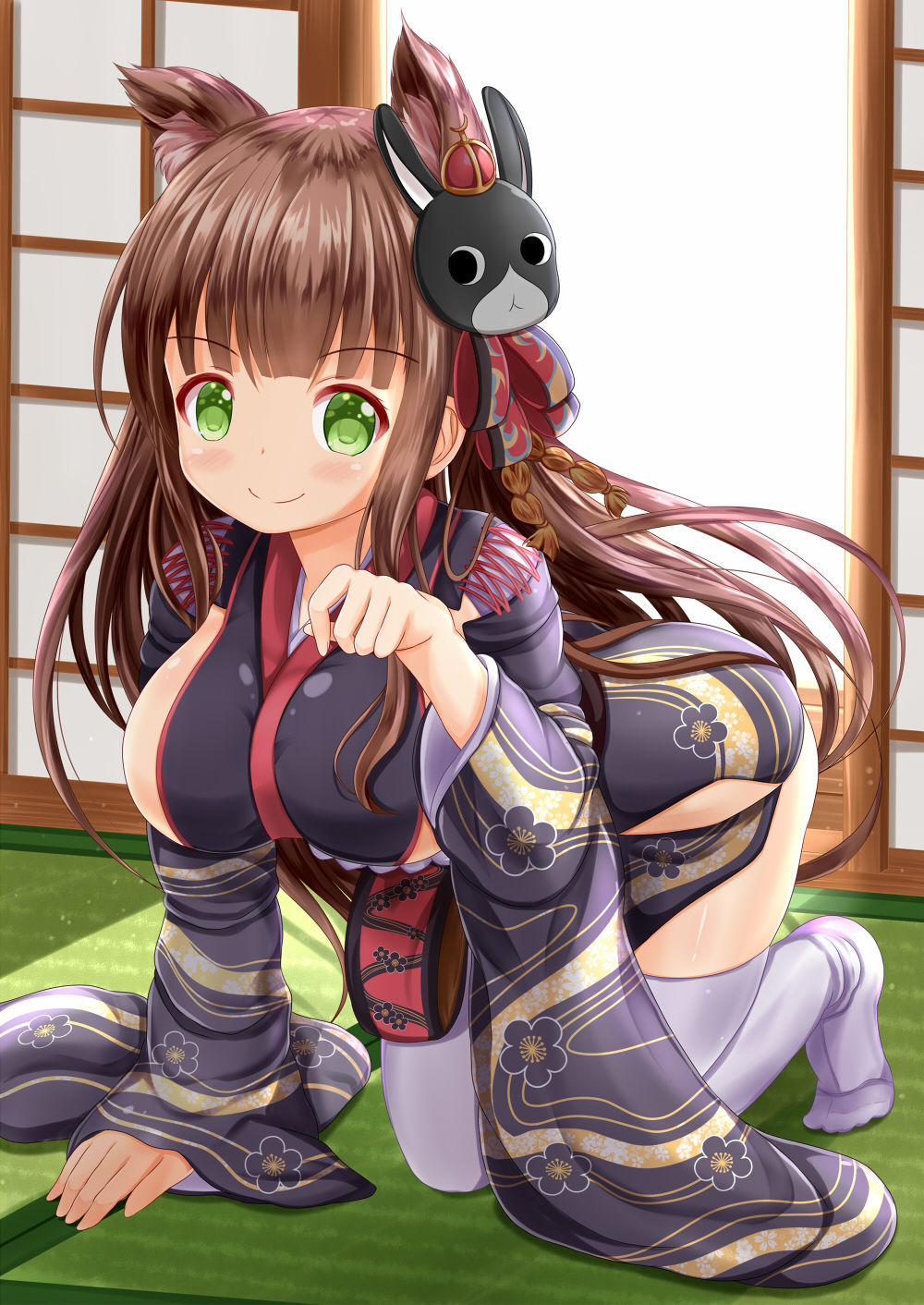 1girl all_fours alternate_costume animal_ears anko_(gochiusa) azur_lane bangs black_kimono blush breasts brown_hair bunny_mask cat_ears character_mask closed_mouth commentary_request cosplay crown day eyebrows_visible_through_hair full_body gochuumon_wa_usagi_desu_ka? green_eyes hair_ornament hand_up highres indoors japanese_clothes kemonomimi_mode kimono large_breasts long_hair long_sleeves mini_crown short_kimono smile solo sunlight thigh-highs ujimatsu_chiya very_long_hair white_legwear wide_sleeves yamashiro_(azur_lane) yamashiro_(azur_lane)_(cosplay) zenon_(for_achieve)