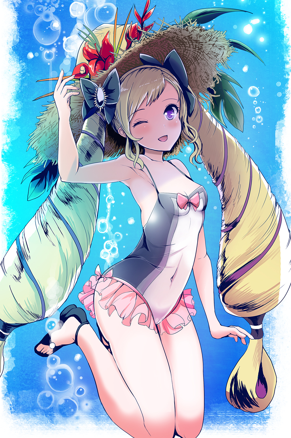1girl ;o adjusting_clothes adjusting_hat armpits blonde_hair breasts covered_navel drill_hair elise_(fire_emblem_if) fire_emblem fire_emblem_if flower frilled_swimsuit frills hat hat_flower highres looking_at_viewer one-piece_swimsuit one_eye_closed sandals small_breasts smile solo straw_hat swimsuit twin_drills twintails violet_eyes yyillust